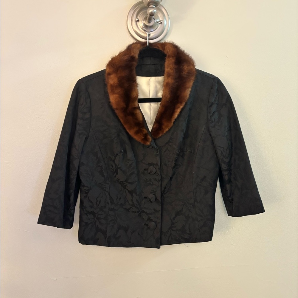 Vintage Sandra Sage 60's Black Brocade Jacket with Mink Fur Collar